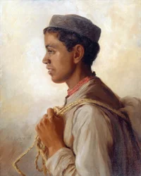 A Native of Garwhal, in the attitude of moving forward, 1908